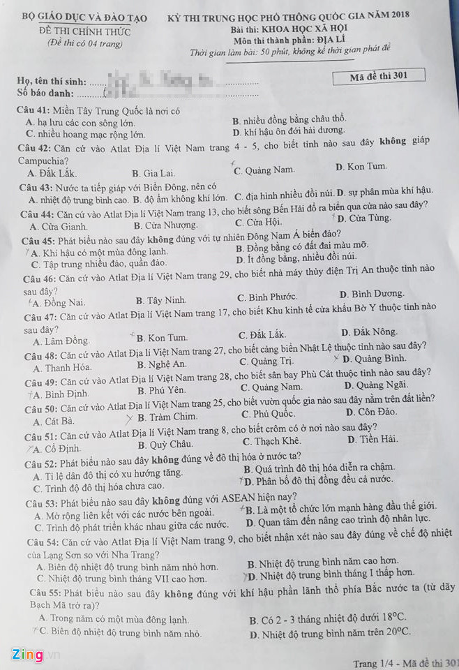 Gợi ý Đáp án đề thi THPT Quốc gia môn Địa lý năm 2018