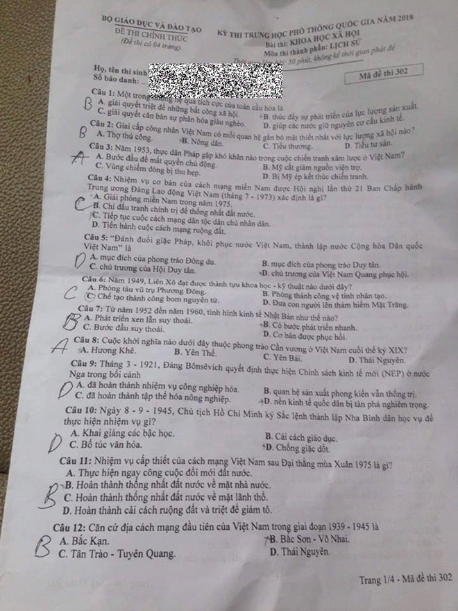 Đề thi THPT Quốc gia 2018 môn Lịch sử