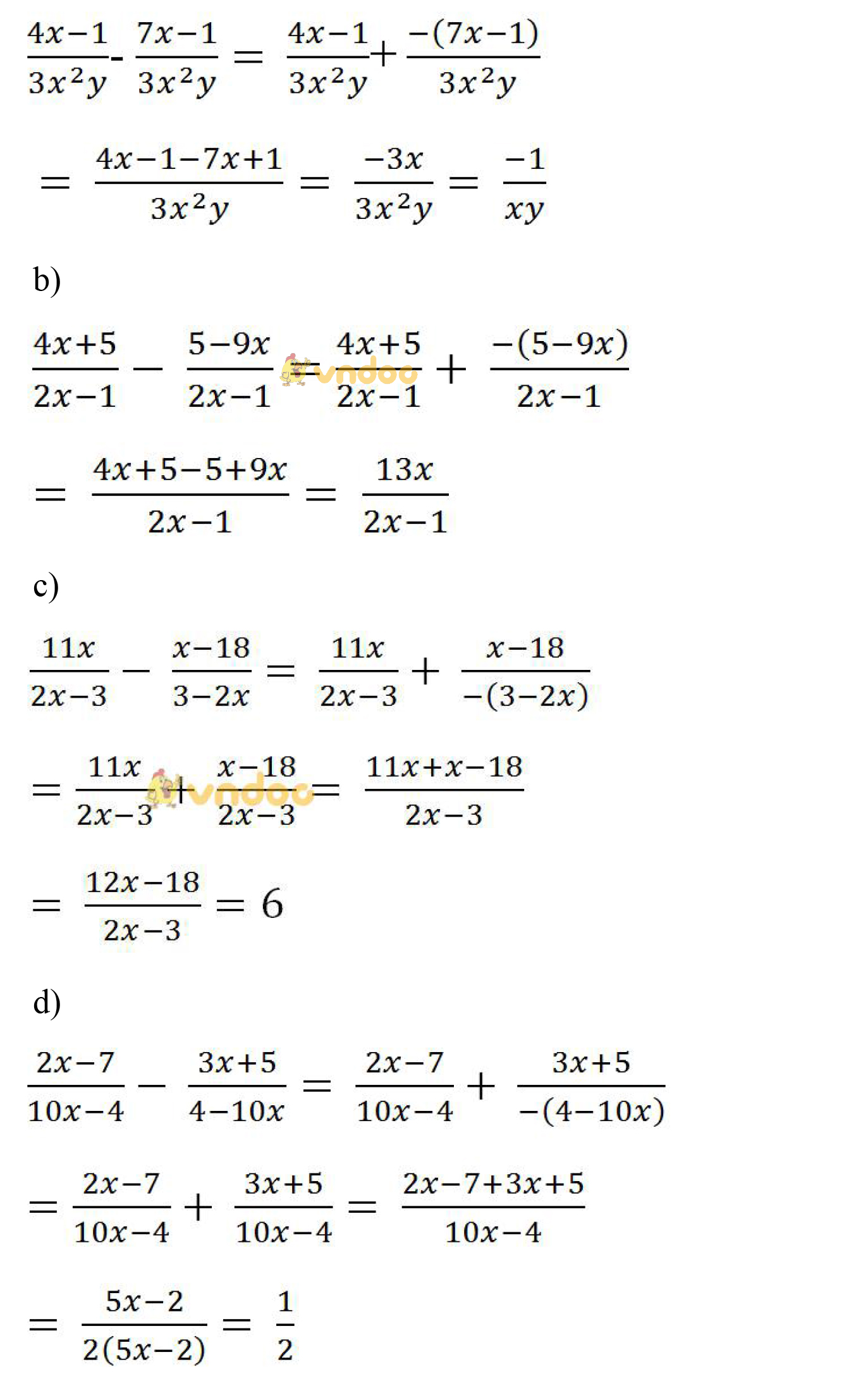 Giải bài tập SGK Toán lớp 8 bài 6: Phép trừ các phân thức đại số