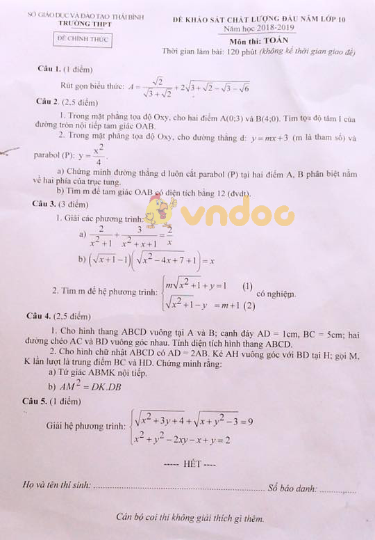 Đề khảo sát chất lượng đầu năm lớp 10 môn Toán Sở GD&ĐT Thái Bình năm học 2018 - 2019