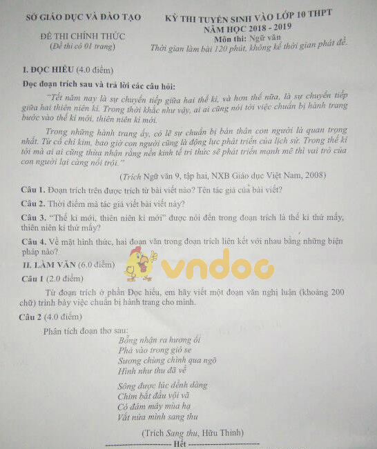 Đề thi tuyển sinh vào lớp 10 môn Ngữ văn Sở GD&ĐT Đăk Nông năm học 2018 - 2019