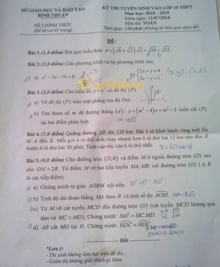 Đề thi tuyển sinh vào lớp 10 môn Toán Sở GD&ĐT Bình Thuận năm học 2018 - 2019
