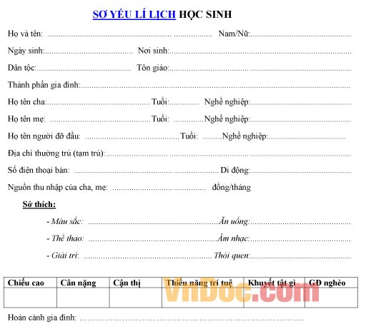 Mẫu sơ yếu về lý lịch học sinh tiểu học