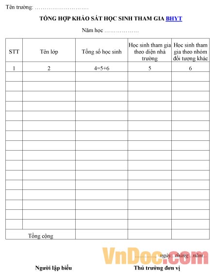 Mẫu bảng tổng hợp khảo sát học sinh tham gia BHYT