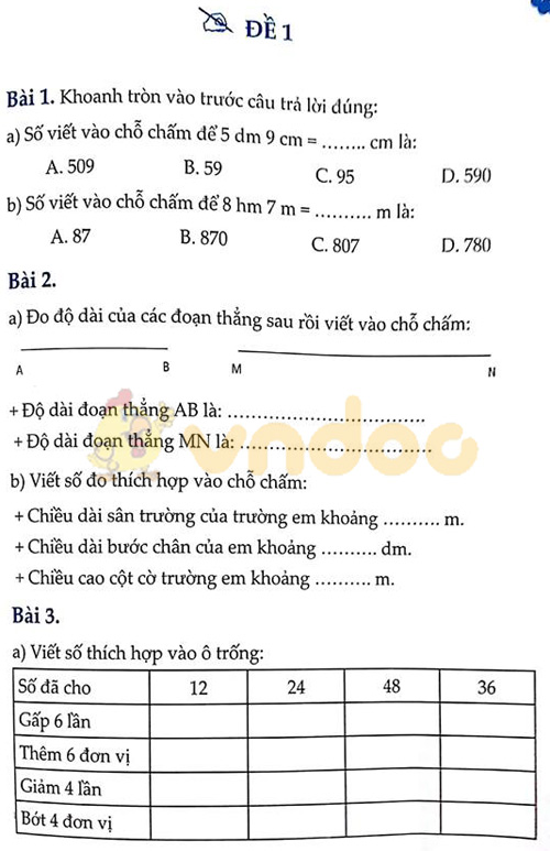 Đề bài Cùng em học Toán lớp 3 Tuần 10 - Đề 1