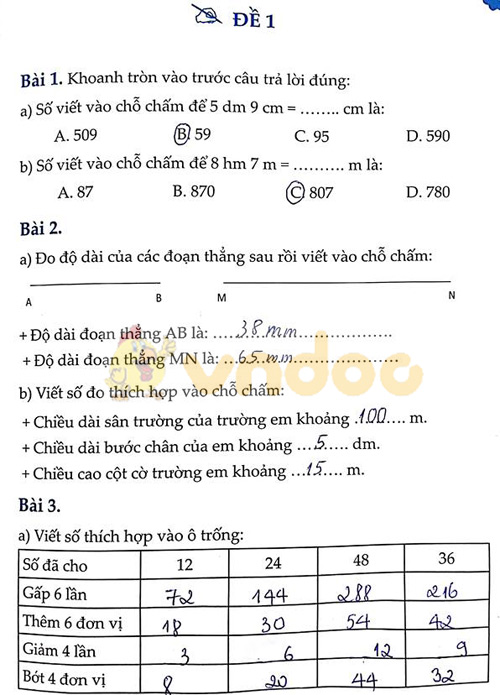 Đề bài Cùng em học Toán lớp 3 Tuần 10 - Đề 1