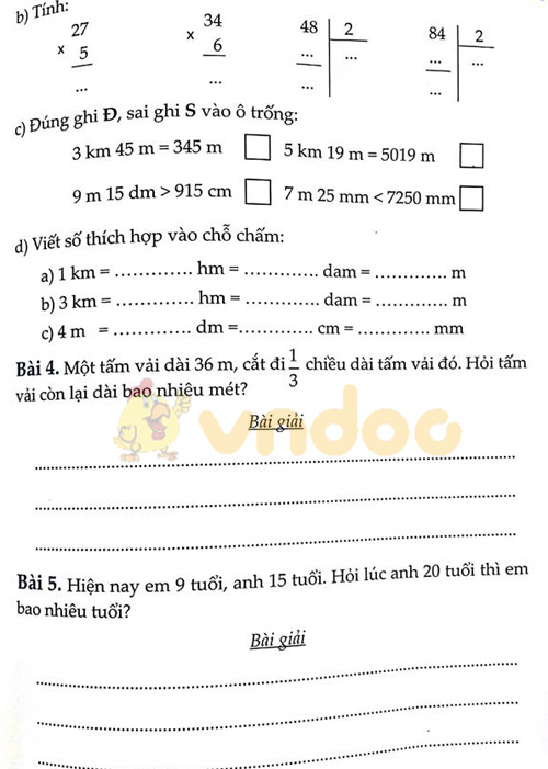 Đề bài Cùng em học Toán lớp 3 Tuần 10 - Đề 2