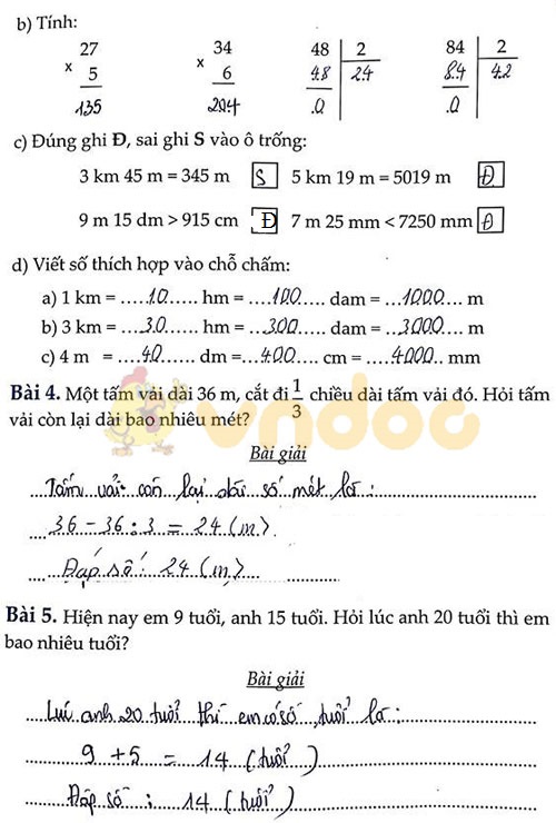 Đề bài Cùng em học Toán lớp 3 Tuần 10 - Đề 2
