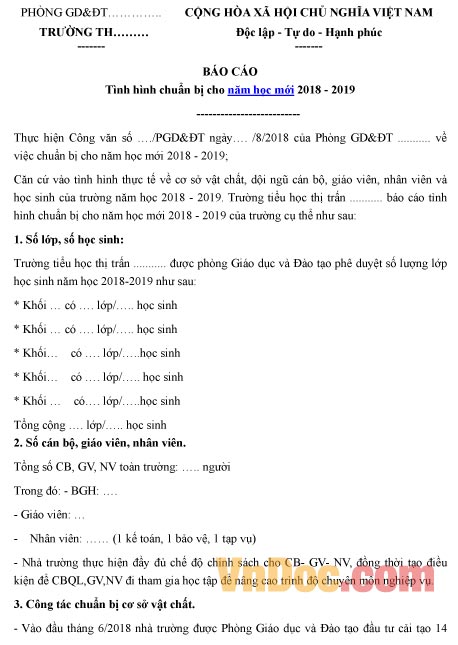 Mẫu báo cáo về tình hình chuẩn bị cho năm học mới 2018-2019