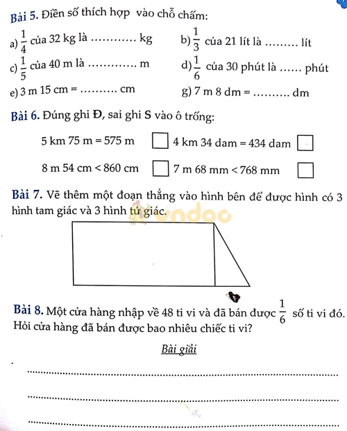 Kiểm tra giữa học kỳ 1 Toán lớp 3 - Đề 1