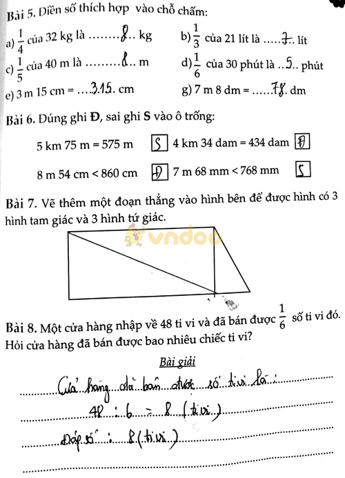 Kiểm tra giữa học kỳ 1 Toán lớp 3 - Đề 1