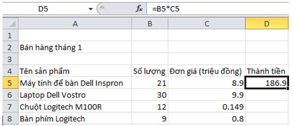 Giải bài tập SGK Tin học 7 bài 5: Thao tác với bảng tính
