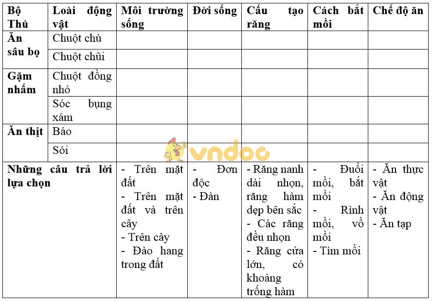 Giải bài tập SGK Sinh học 7 bài 50: Đa dạng của lớp thú bộ ăn sâu bọ, bộ gặm nhấm, bộ ăn thịt
