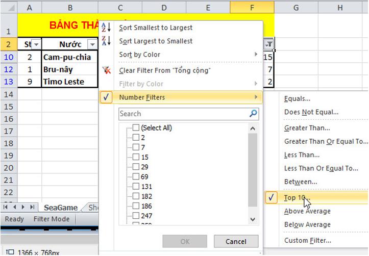 Giải bài tập SGK Tin học 7 bài 8: Sắp xếp và lọc dữ liệu