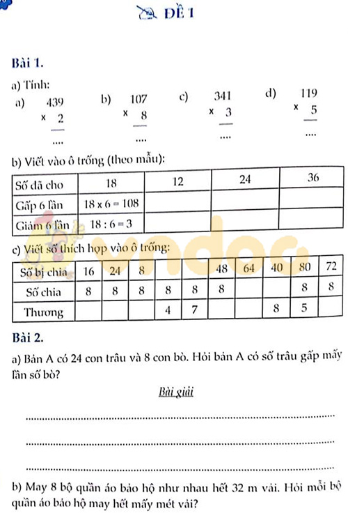 Đề bài Cùng em học Toán lớp 3 Tuần 12 - Đề 1: