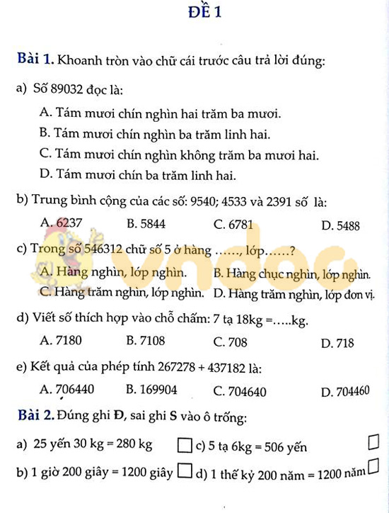 Cùng em học Toán lớp 4: Đề kiểm tra giữa kì 1