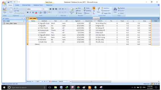 Giải bài tập SGK Tin học 12: Bài tập và thực hành 3 - Thao tác trên bảng