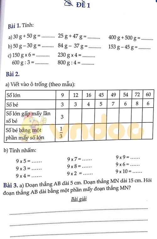 Đề bài Cùng em học Toán lớp 3 Tuần 13 - Đề 1: