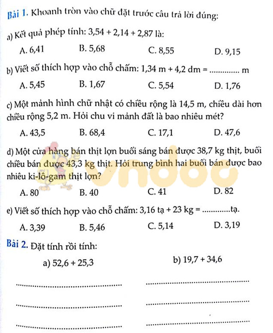 Cùng em học Toán lớp 5 Tuần 10 - Đề 1