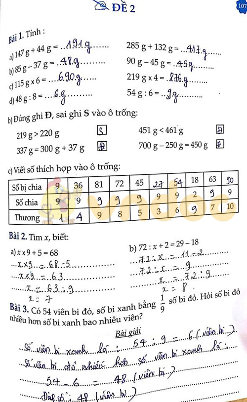 Đề bài Cùng em học Toán lớp 3 Tuần 14 - Đề 2: