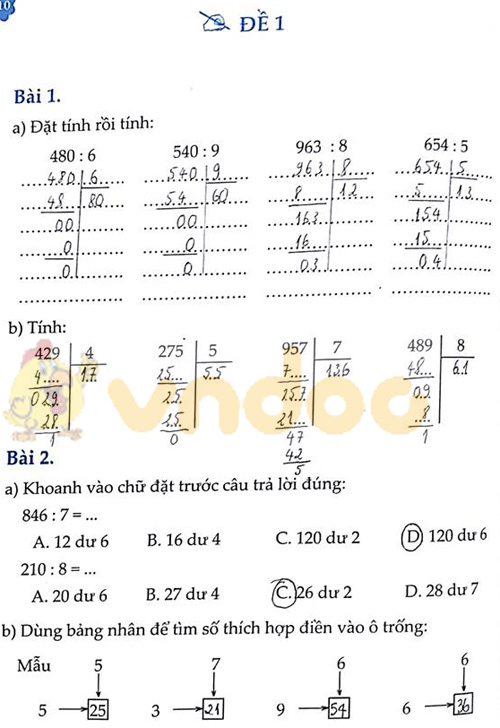 Đáp án Cùng em học Toán lớp 3 Tuần 15 - Đề 1: