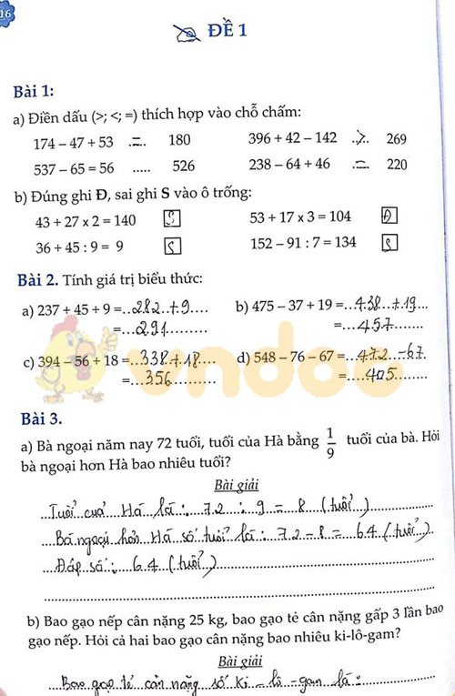 Đề bài Cùng em học Toán lớp 3 Tuần 16 - Đề 1: