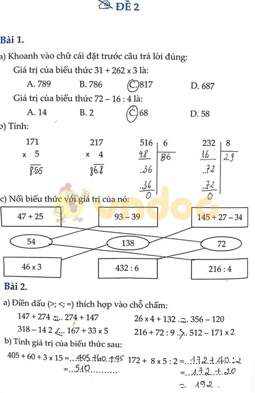 Đề bài Cùng em học Toán lớp 3 Tuần 16 - Đề 2: