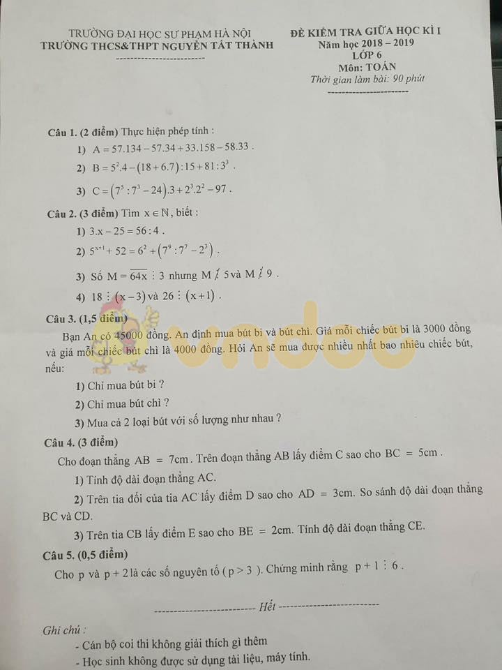 Đề thi giữa học kì 1 môn Toán lớp 6