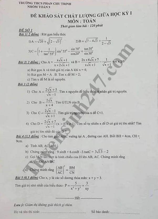 Đề thi giữa học kì 1 lớp 9 môn Toán trường THCS Phan Chu Trinh năm học 2018 - 2019