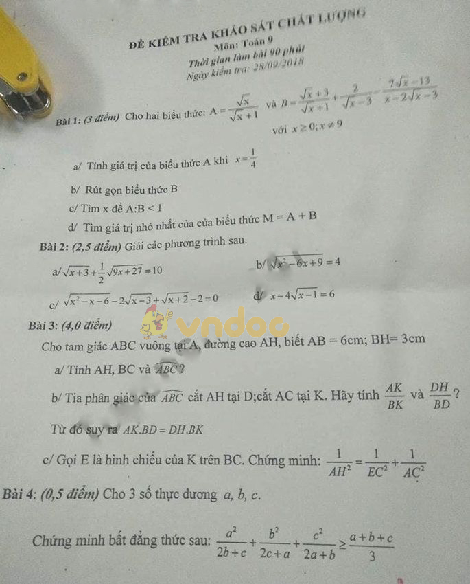 Đề thi giữa học kì 1 lớp 9 môn Toán trường THCS Tô Hoàng năm học 2018 - 2019