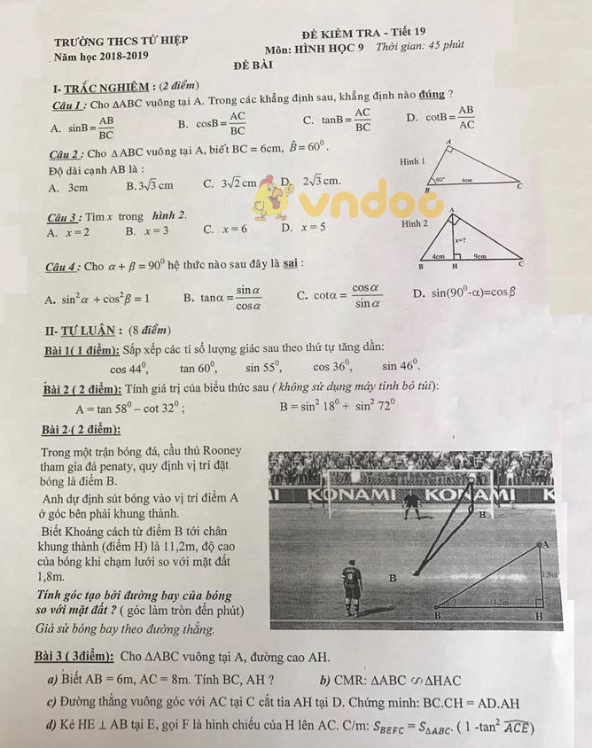 Đề kiểm tra 1 tiết môn Toán Hình học lớp 9 trường THCS Tứ Hiệp năm học 2018 - 2019