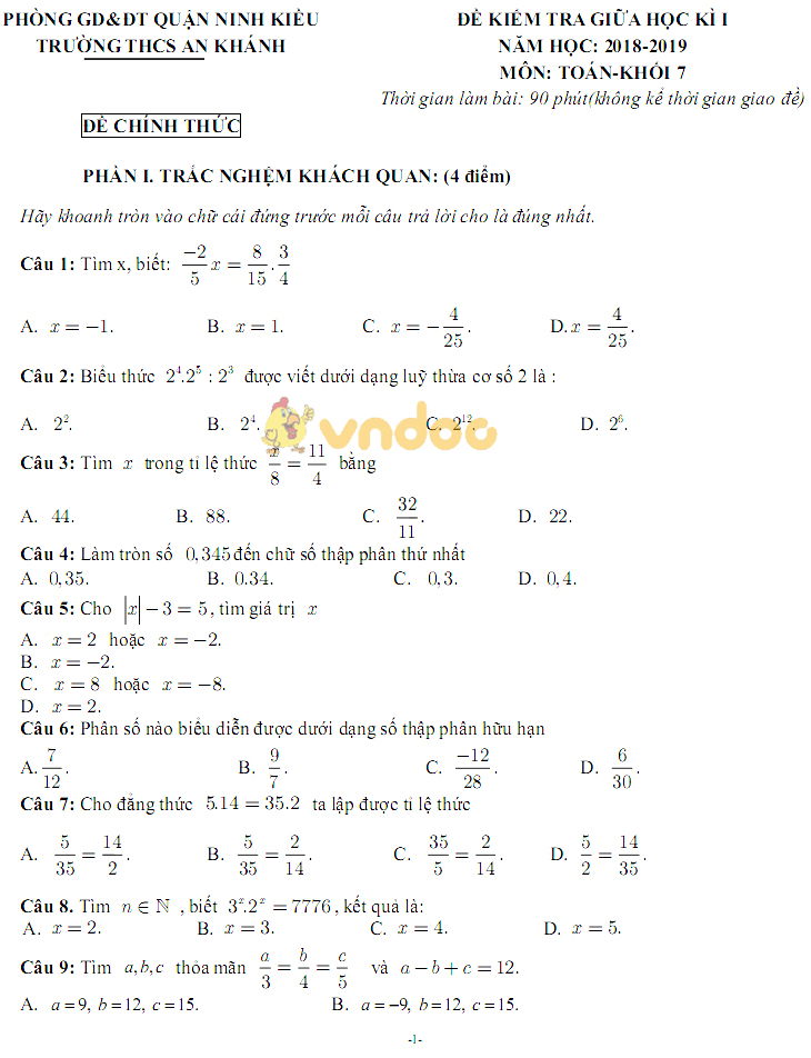 Đề thi giữa học kì 1 lớp 7 môn Toán trường THCS An Khánh, Quận Ninh Kiều năm học 2018 - 2019
