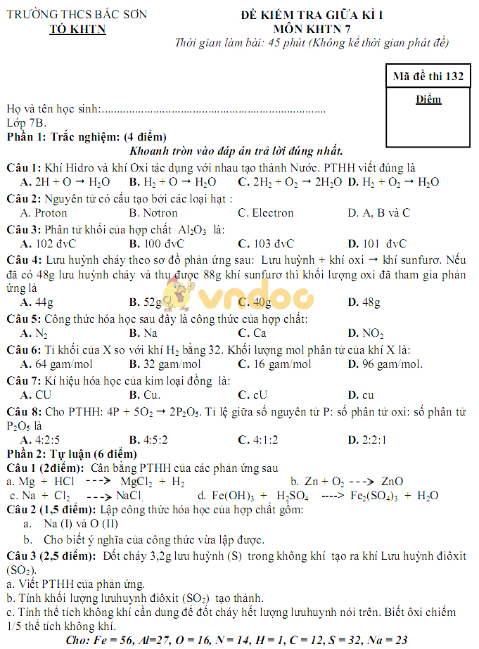 Đề thi giữa học kì 1 lớp 7 môn Toán trường THCS Bắc Sơn năm học 2018 - 2019