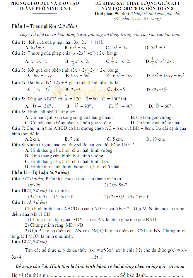 Đề thi giữa học kì 1 lớp 8 môn Toán Phòng GD&ĐT Ninh Bình năm học 2017 - 2018