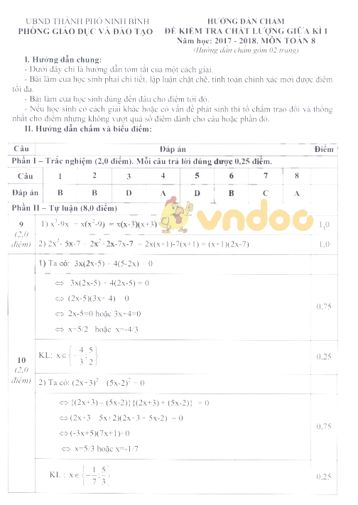 Đề thi giữa học kì 1 lớp 8 môn Toán Phòng GD&ĐT Ninh Bình năm học 2017 - 2018