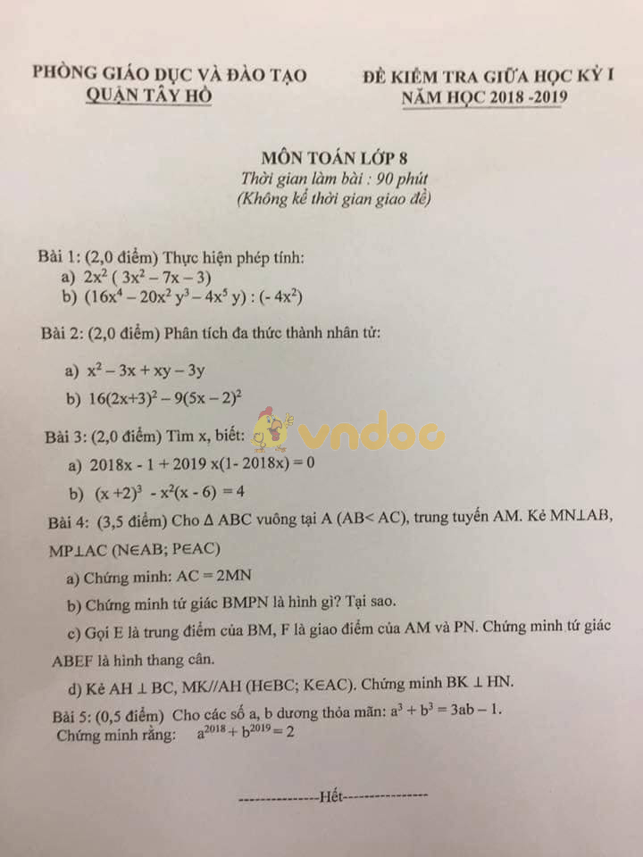 Đề thi giữa học kì 1 lớp 8 môn Toán Phòng GD&ĐT Quận Tây Hồ năm học 2018 - 2019