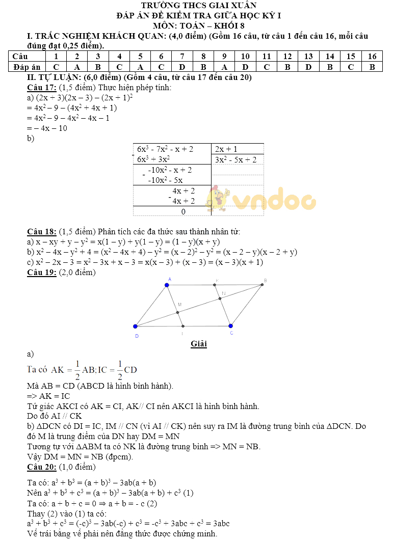 Đề thi giữa học kì 1 lớp 8 môn Toán trường THCS Giai Xuân năm học 2018 - 2019