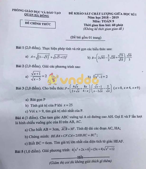 Đề thi giữa học kì 1 lớp 9 môn Toán Phòng GD&ĐT Quận Hà Đông năm học 2018 - 2019