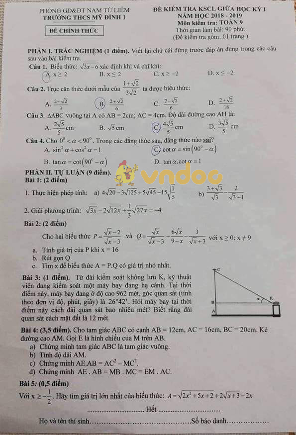 Đề thi giữa học kì 1 lớp 9 môn Toán trường THCS Mỹ Đình 1, Phòng GD&ĐT Nam Từ Liêm năm học 2018 - 2019
