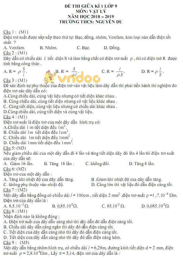 Đề thi giữa học kì 1 lớp 9 môn Vật lý trường THCS Nguyễn Du năm học 2018 - 2019
