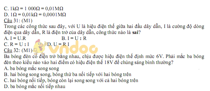 Đề thi giữa học kì 1 lớp 9 môn Vật lý trường THCS Nguyễn Du năm học 2018 - 2019