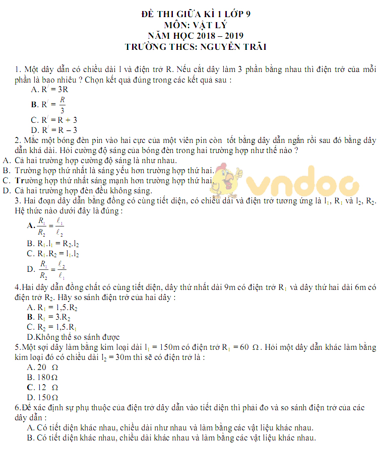Đề thi giữa học kì 1 lớp 9 môn Vật lý trường THCS Nguyễn Trãi năm học 2018 - 2019