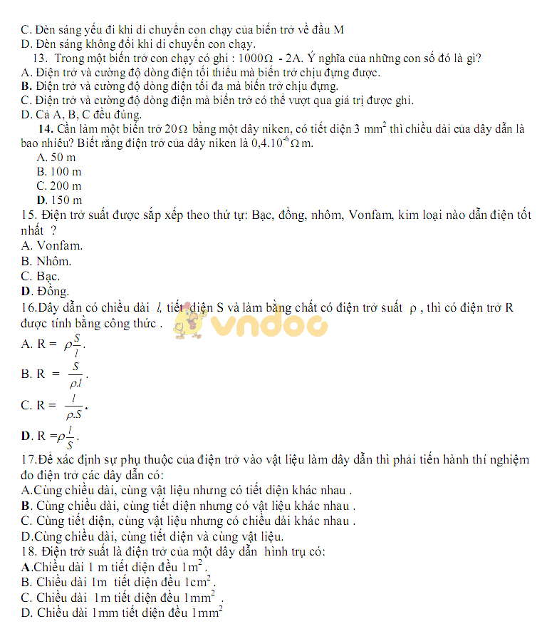 Đề thi giữa học kì 1 lớp 9 môn Vật lý trường THCS Nguyễn Trãi năm học 2018 - 2019