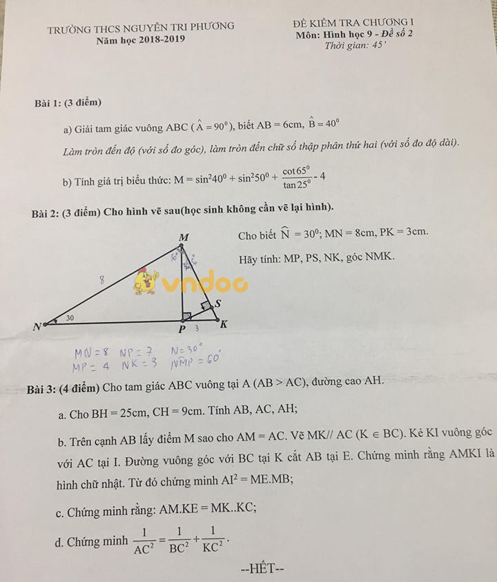 Đề kiểm tra 1 tiết môn Toán Hình học lớp 9 trường THCS Nguyễn Tri Phương năm học 2018 - 2019 (đề số 2)