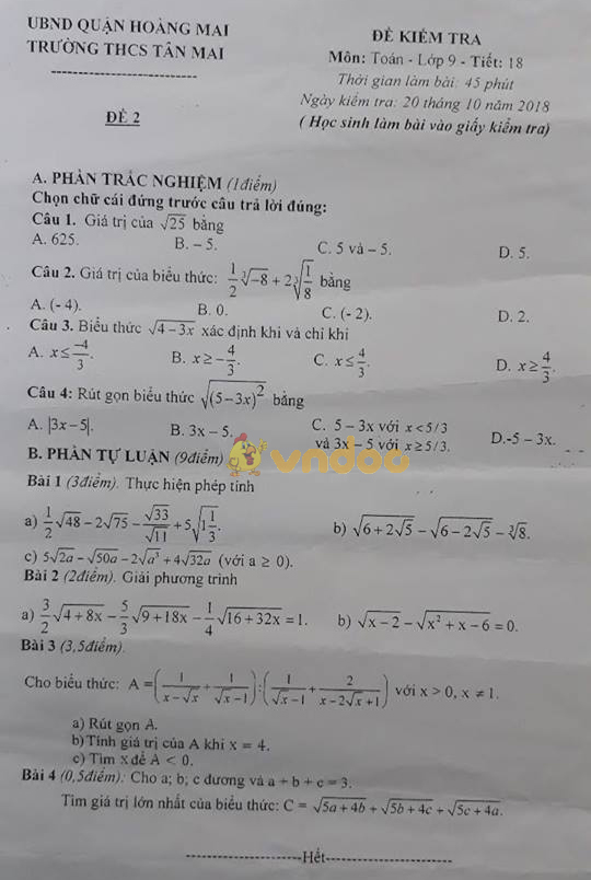 Đề kiểm tra 1 tiết môn Toán lớp 9 trường THCS Tân Mai, Quận Hoàng Mai năm học 2018 - 2019 (đề 2)