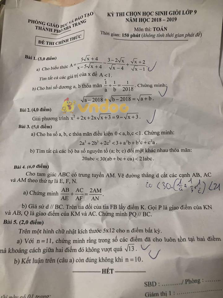 Đề thi chọn học sinh giỏi lớp 9 môn Toán Phòng GD&ĐT TP Nha Trang năm học 2018 - 2019