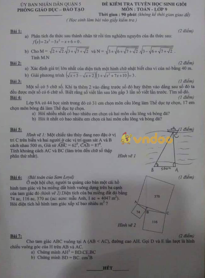 Đề thi chọn học sinh giỏi lớp 9 môn Toán Phòng GD&ĐT UBND Quận 5