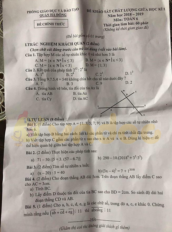 Đề thi giữa học kì 1 Toán 6