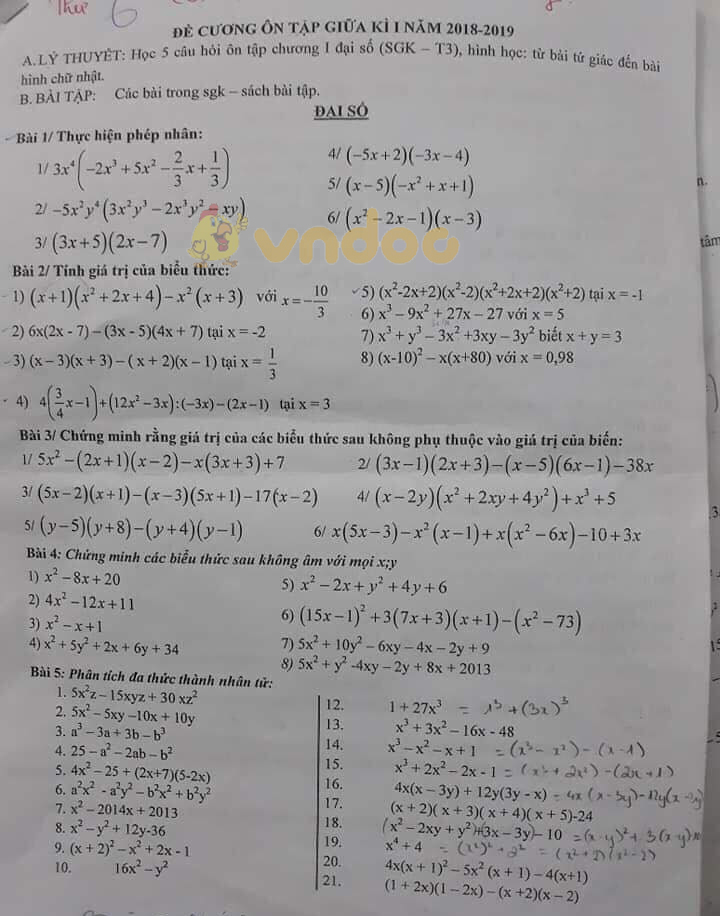 Đề cương ôn tập giữa học kì 1 lớp 9 môn Toán trường THCS Dịch Vọng năm học 2018 - 2019
