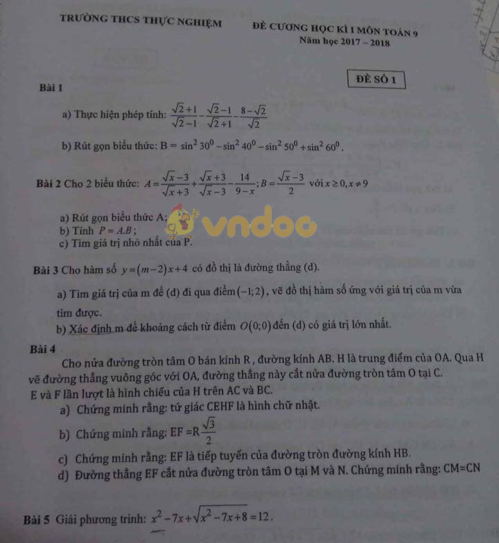 Đề cương ôn tập học kì 1 lớp 9 môn Toán trường THCS Thực Nghiệm năm học 2017 - 2018